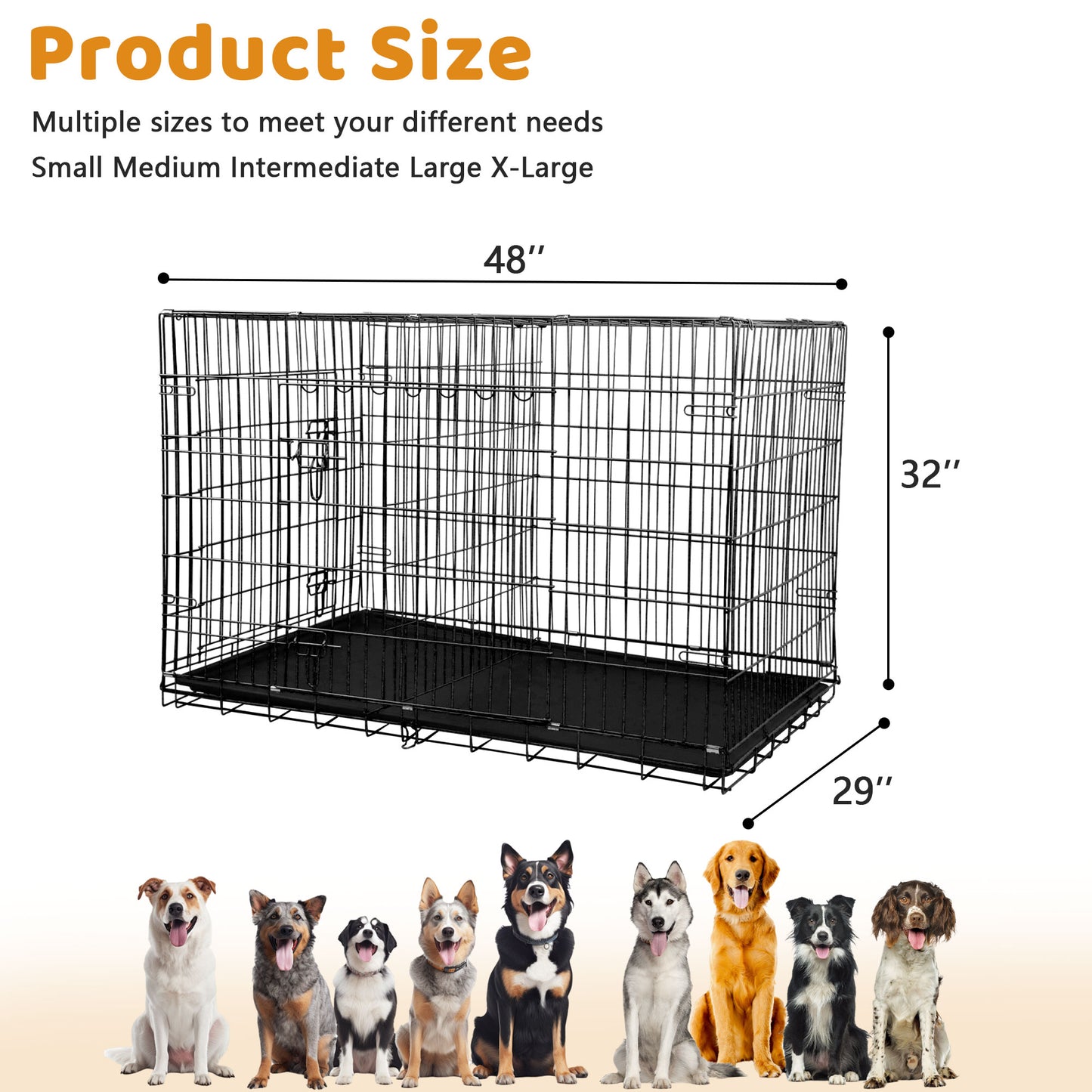 48-Inch Foldable Metal Dog Crate with Double Doors and Handle, Suitable for Large and Medium Dogs, Includes Plastic Tray, Black
