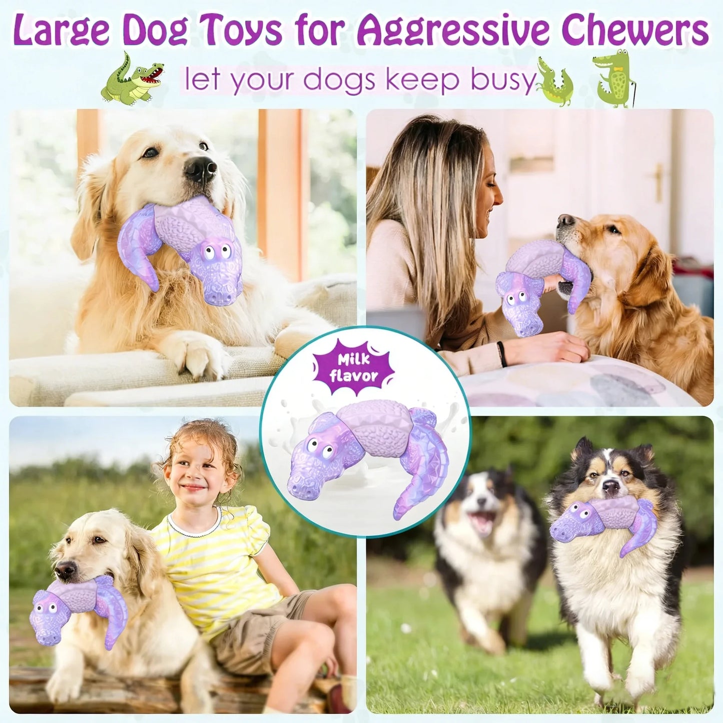 Dog Toys for Super Aggresive Chewers Indestructible Interactive Tough Dog Chew Crocodile Toy Heavy Duty Durable Toys Teeth Cleaning for Large Medium Dogs (Purple)