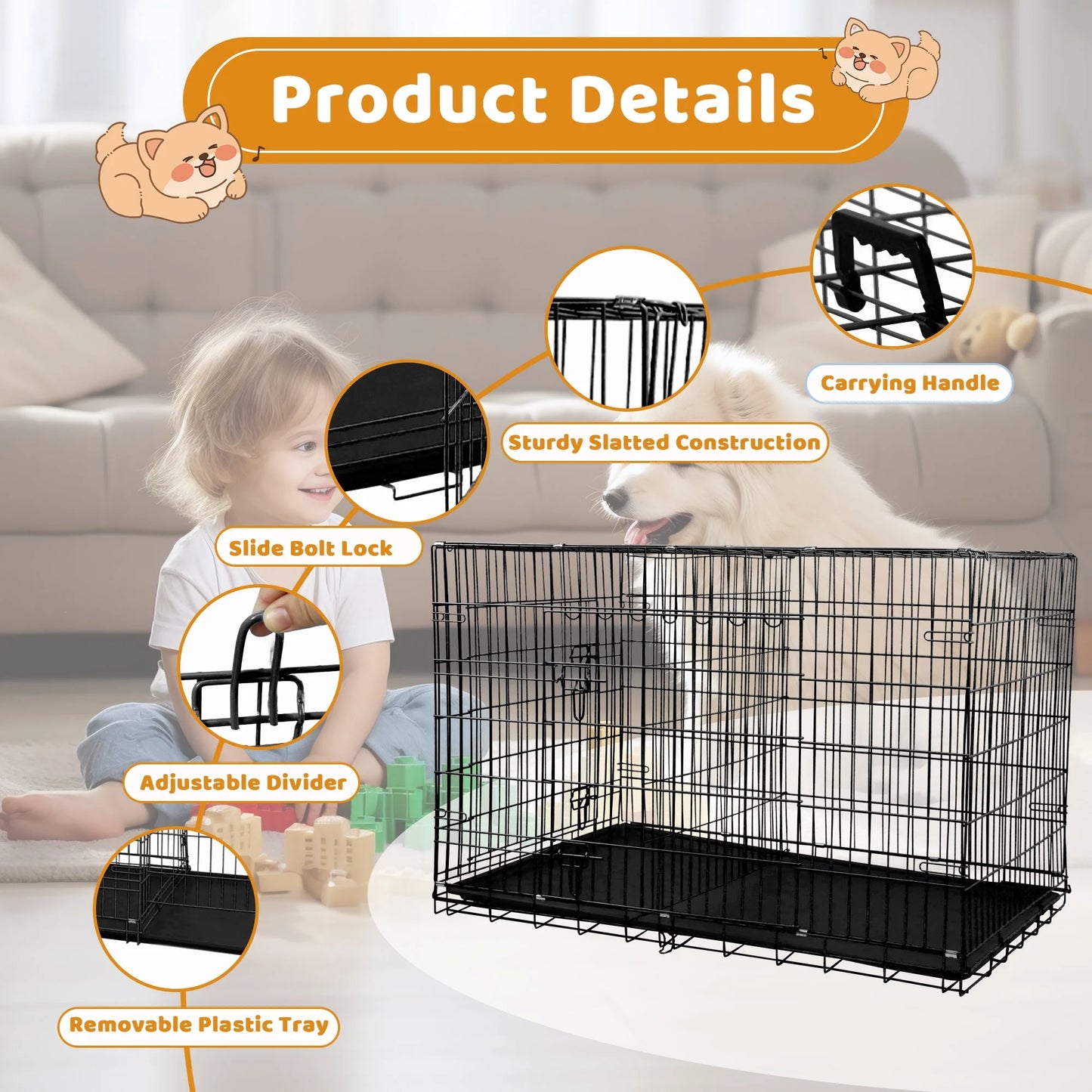 48-Inch Foldable Metal Dog Crate with Double Doors and Handle, Suitable for Large and Medium Dogs, Includes Plastic Tray, Black