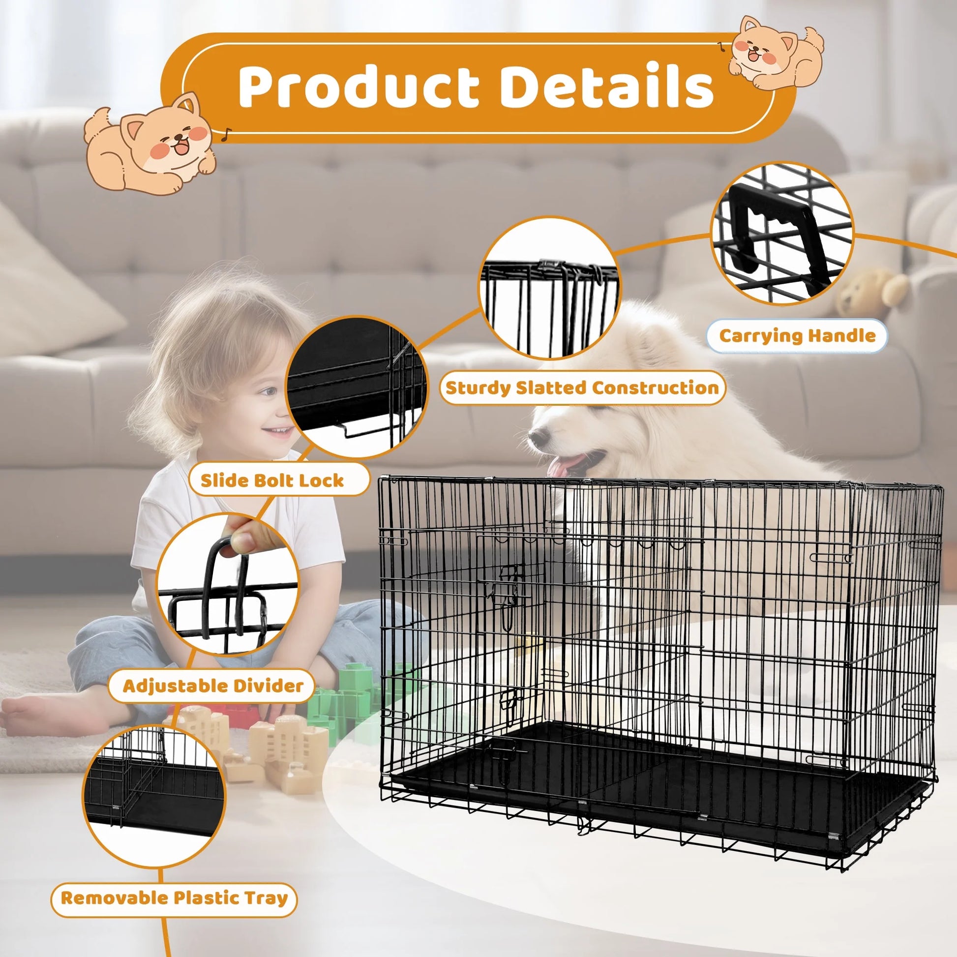 48-Inch Foldable Metal Dog Crate with Double Doors and Handle, Suitable for Large and Medium Dogs, Includes Plastic Tray, Black
