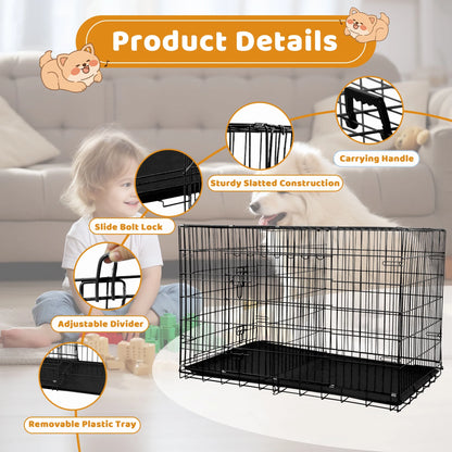 48-Inch Foldable Metal Dog Crate with Double Doors and Handle, Suitable for Large and Medium Dogs, Includes Plastic Tray, Black