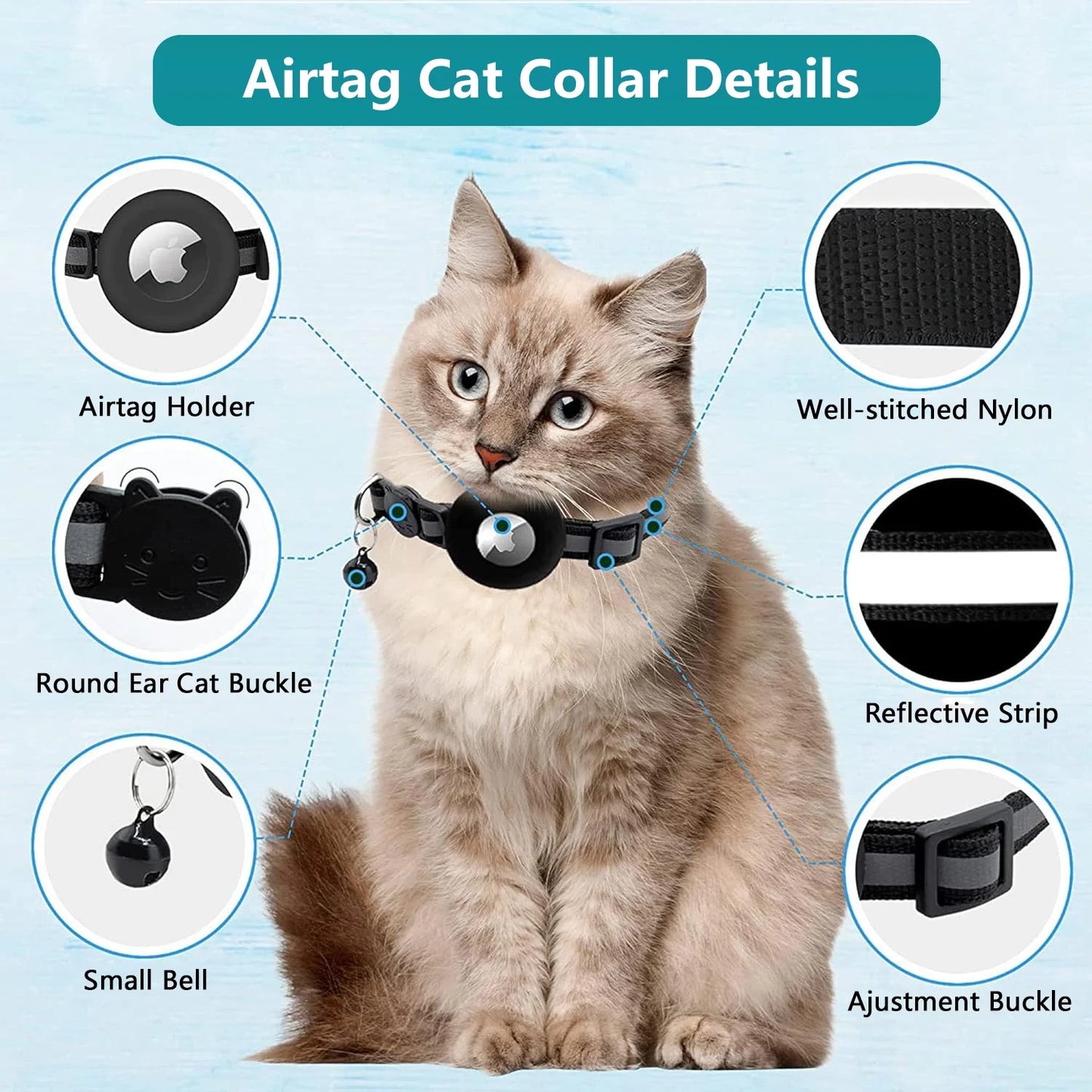 2-Pack Reflective Breakaway AirTag Cat Collar with Case and Bell for Cats, Kittens, and Extra Small Dogs - Black