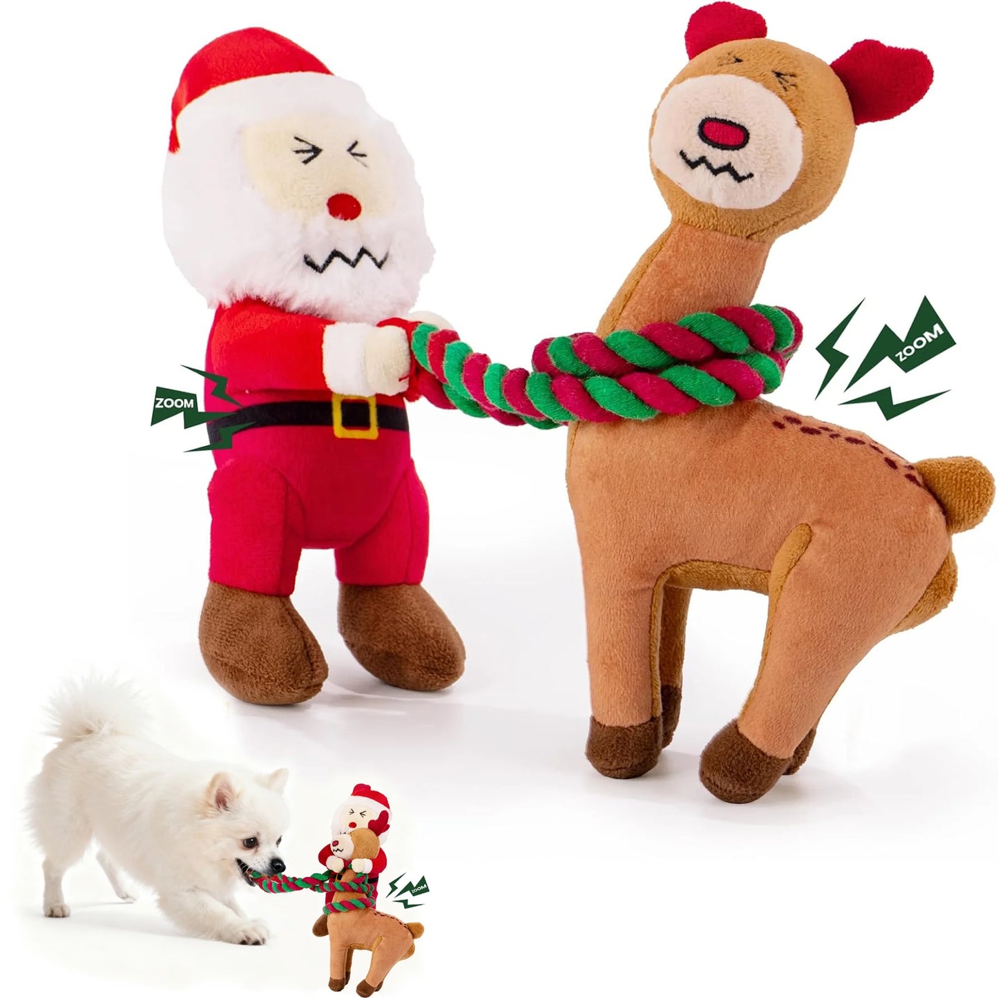 Christmas Dog Toys - 2 Pack Squeaky Stuffed Toys for Large Medium Small Dogs with Detachable Rope, Crinkle to Keep Them Busy - Santa Claus & Reindeer