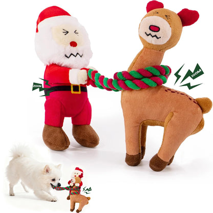 Christmas Dog Toys - 2 Pack Squeaky Stuffed Toys for Large Medium Small Dogs with Detachable Rope, Crinkle to Keep Them Busy - Santa Claus & Reindeer