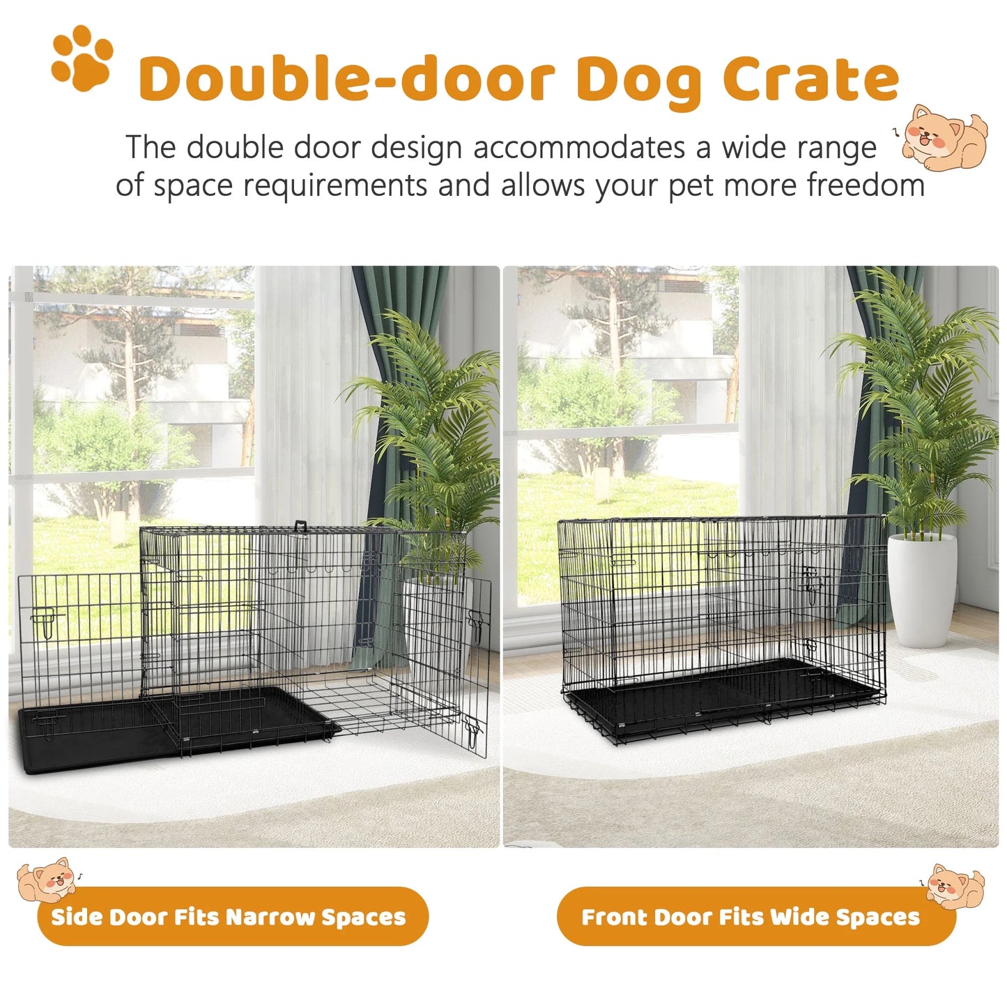 48-Inch Foldable Metal Dog Crate with Double Doors and Handle, Suitable for Large and Medium Dogs, Includes Plastic Tray, Black