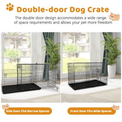 48-Inch Foldable Metal Dog Crate with Double Doors and Handle, Suitable for Large and Medium Dogs, Includes Plastic Tray, Black