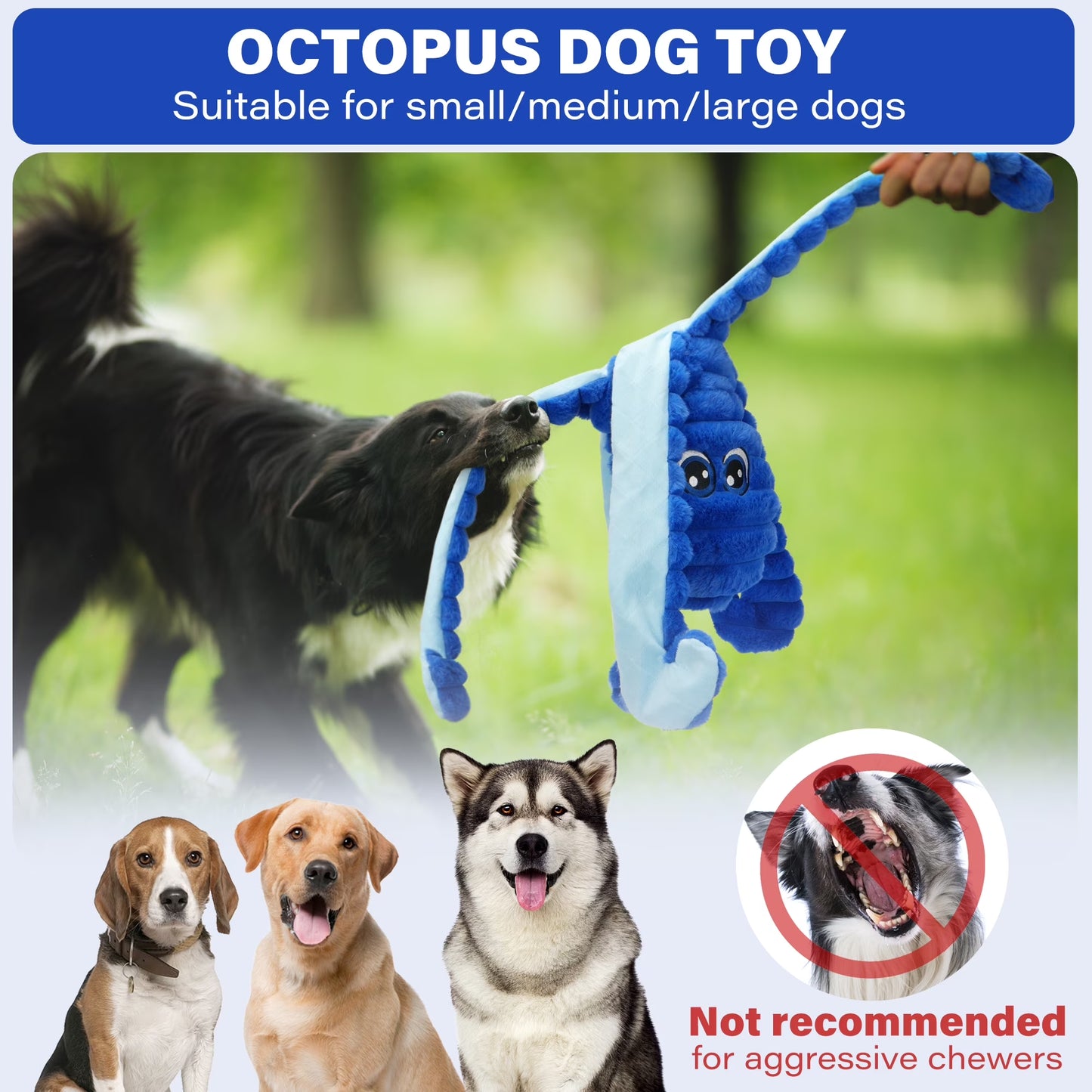Dog Toys for Large Dogs, 27” Extra Large Crinkle Squeaky Dog Chew Toy, Blue Octopus