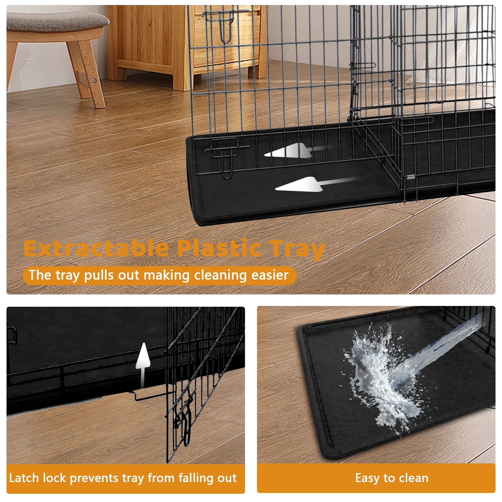 48-Inch Foldable Metal Dog Crate with Double Doors and Handle, Suitable for Large and Medium Dogs, Includes Plastic Tray, Black