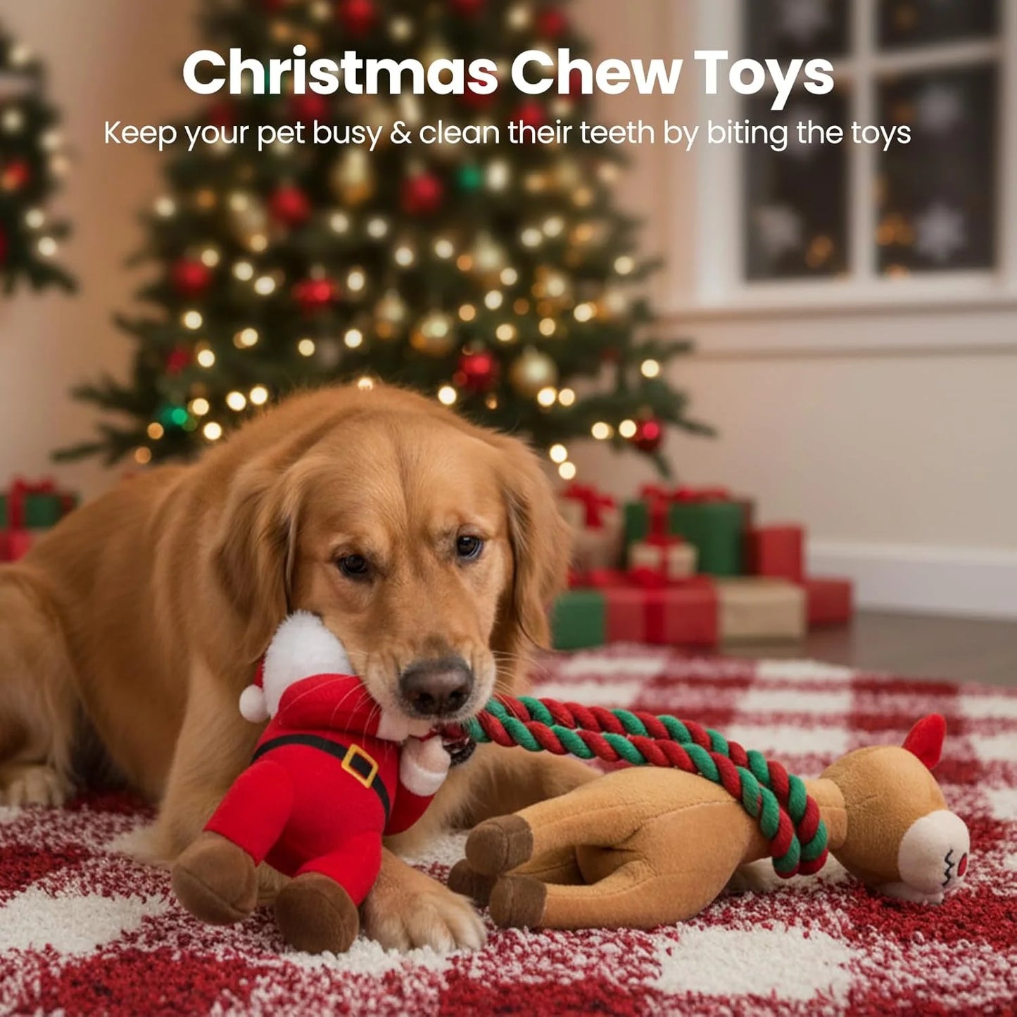 Christmas Dog Toys - 2 Pack Squeaky Stuffed Toys for Large Medium Small Dogs with Detachable Rope, Crinkle to Keep Them Busy - Santa Claus & Reindeer