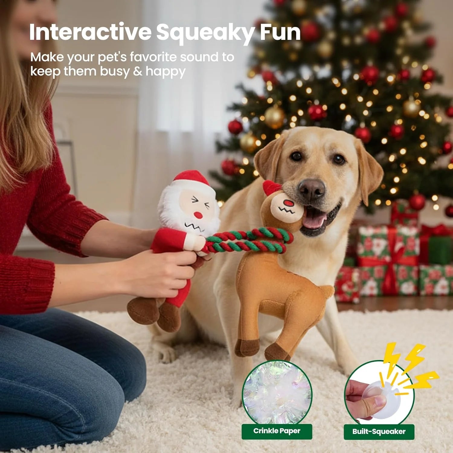 Christmas Dog Toys - 2 Pack Squeaky Stuffed Toys for Large Medium Small Dogs with Detachable Rope, Crinkle to Keep Them Busy - Santa Claus & Reindeer