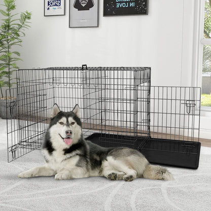48-Inch Foldable Metal Dog Crate with Double Doors and Handle, Suitable for Large and Medium Dogs, Includes Plastic Tray, Black