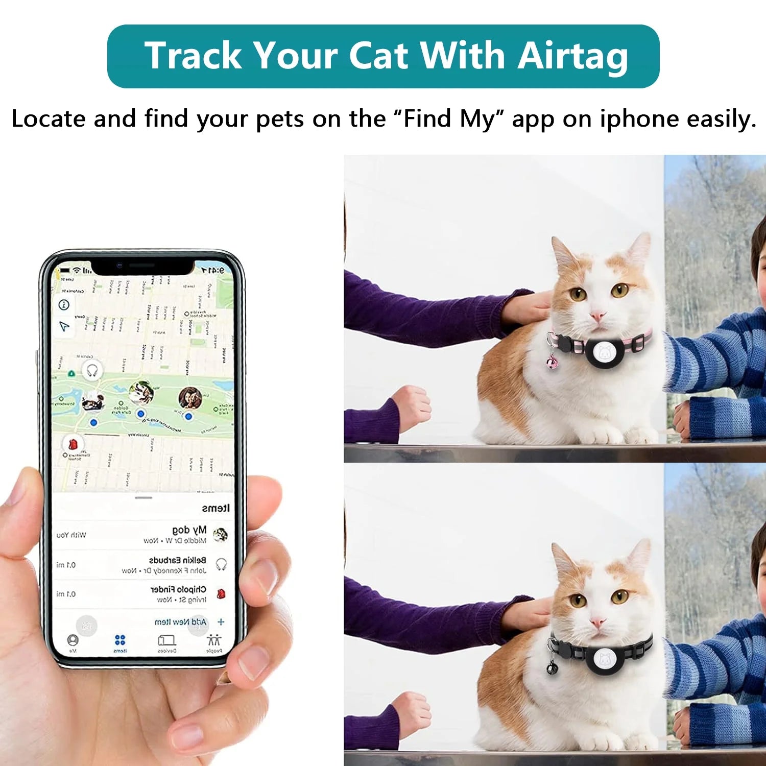 2-Pack Reflective Breakaway AirTag Cat Collar with Case and Bell for Cats, Kittens, and Extra Small Dogs - Black