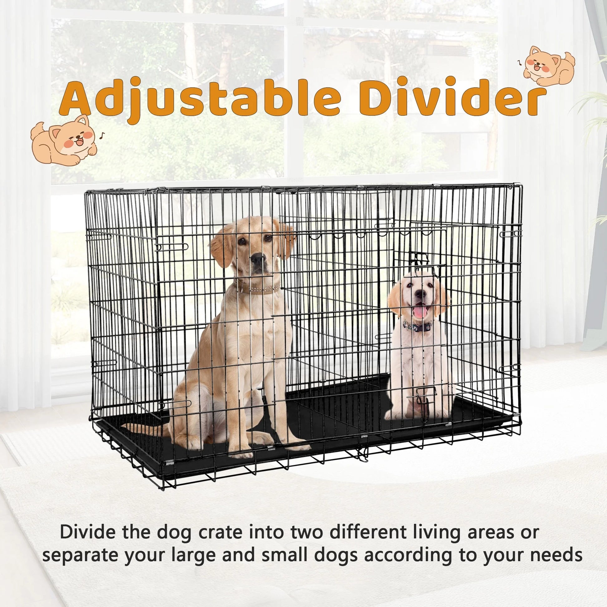 48-Inch Foldable Metal Dog Crate with Double Doors and Handle, Suitable for Large and Medium Dogs, Includes Plastic Tray, Black