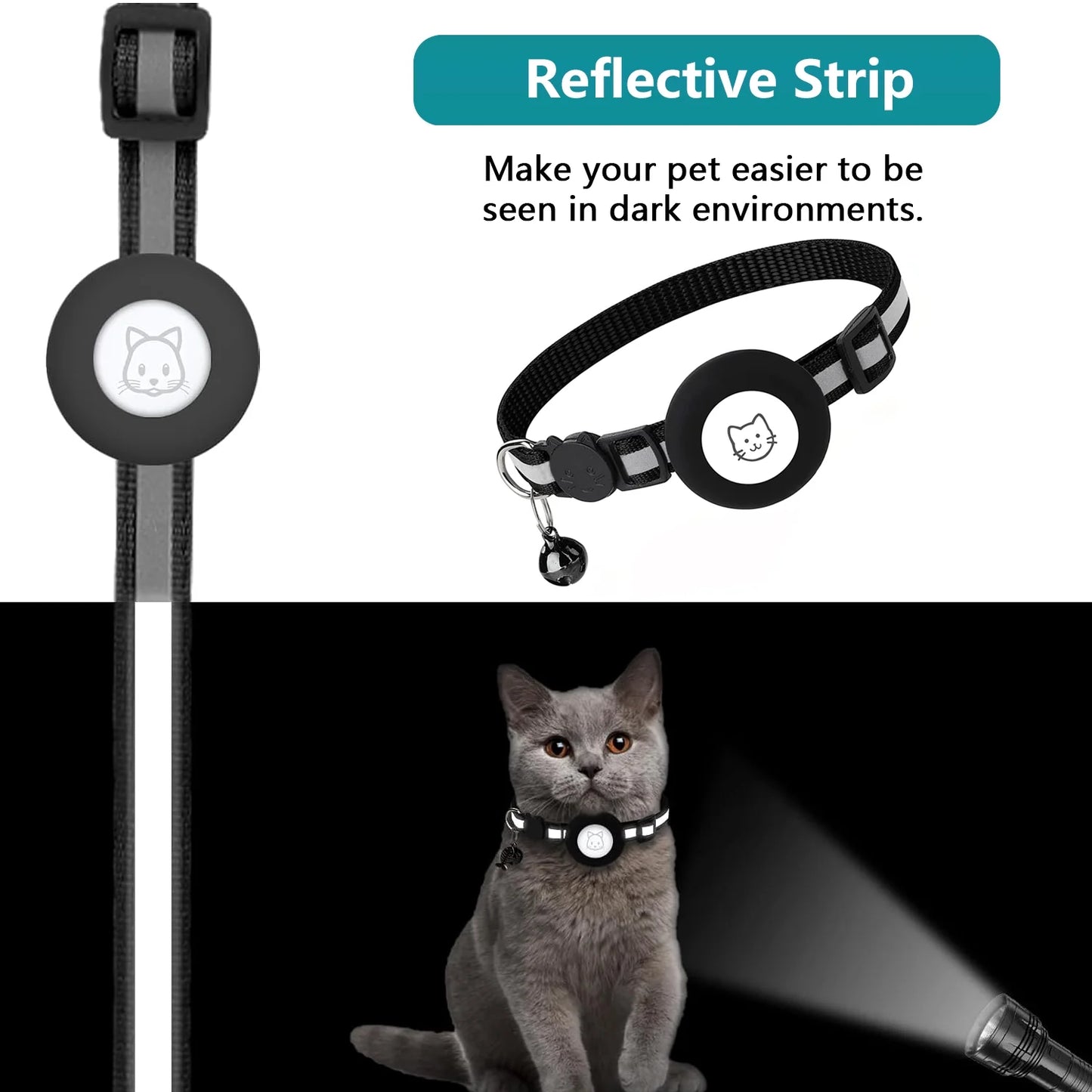 2-Pack Reflective Breakaway AirTag Cat Collar with Case and Bell for Cats, Kittens, and Extra Small Dogs - Black