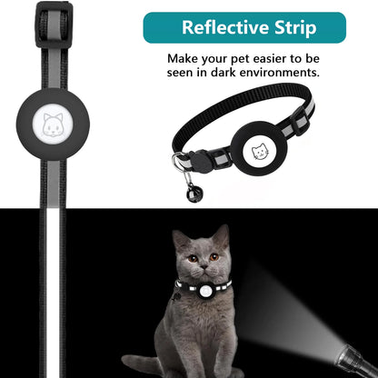 2-Pack Reflective Breakaway AirTag Cat Collar with Case and Bell for Cats, Kittens, and Extra Small Dogs - Black