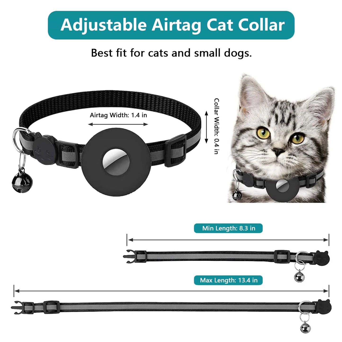 2-Pack Reflective Breakaway AirTag Cat Collar with Case and Bell for Cats, Kittens, and Extra Small Dogs - Black