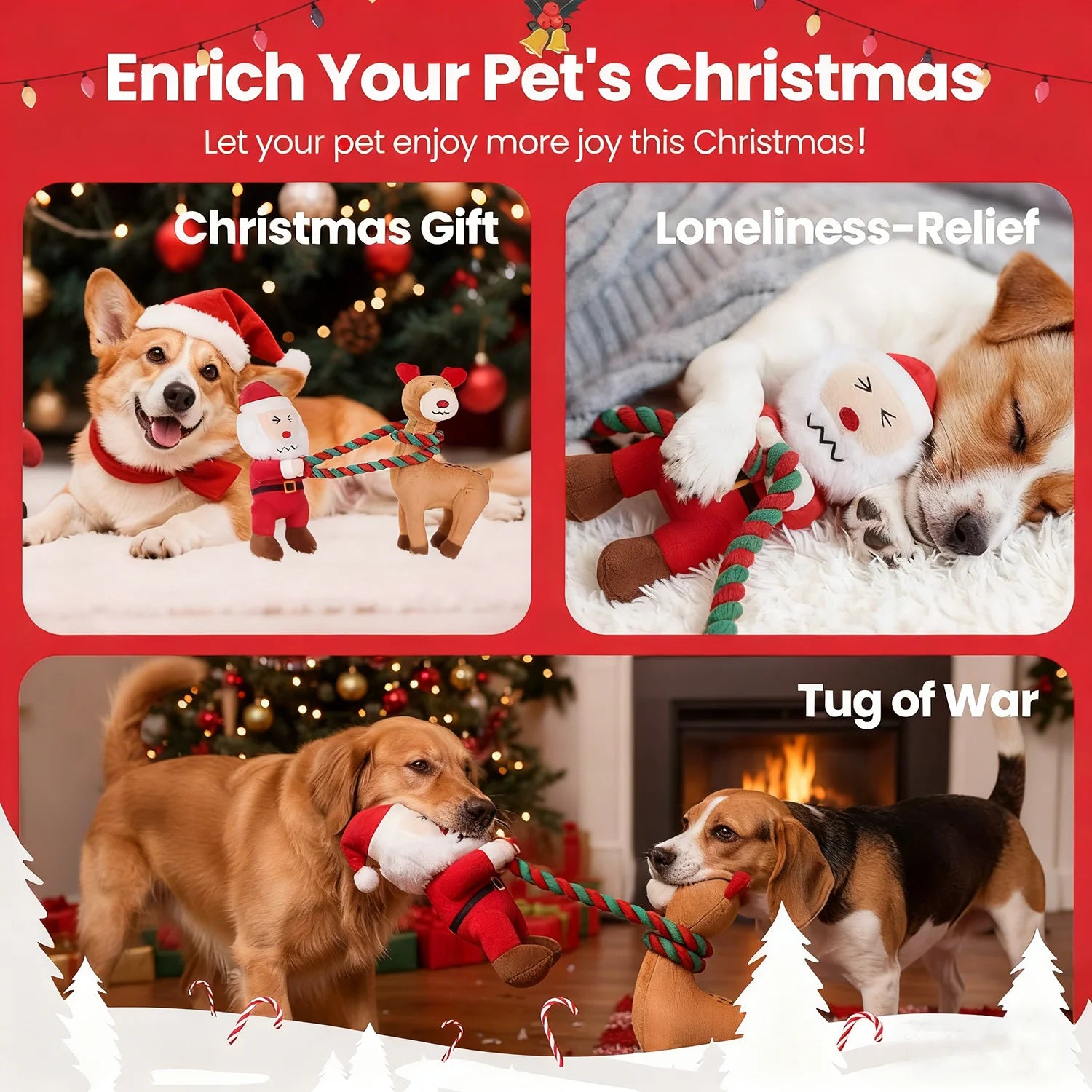Christmas Dog Toys - 2 Pack Squeaky Stuffed Toys for Large Medium Small Dogs with Detachable Rope, Crinkle to Keep Them Busy - Santa Claus & Reindeer