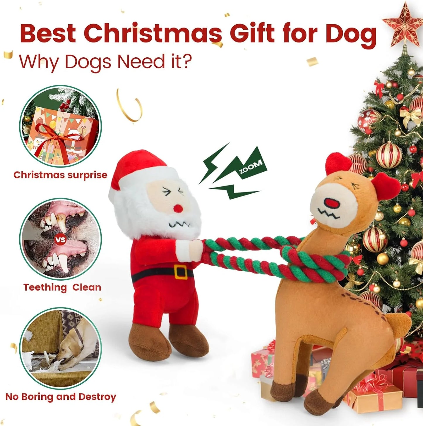 Christmas Dog Toys - 2 Pack Squeaky Stuffed Toys for Large Medium Small Dogs with Detachable Rope, Crinkle to Keep Them Busy - Santa Claus & Reindeer
