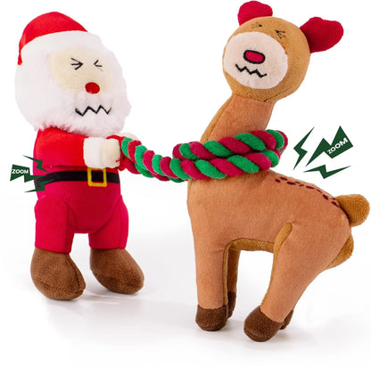 Christmas Dog Toys - 2 Pack Squeaky Stuffed Toys for Large Medium Small Dogs with Detachable Rope, Crinkle to Keep Them Busy - Santa Claus & Reindeer