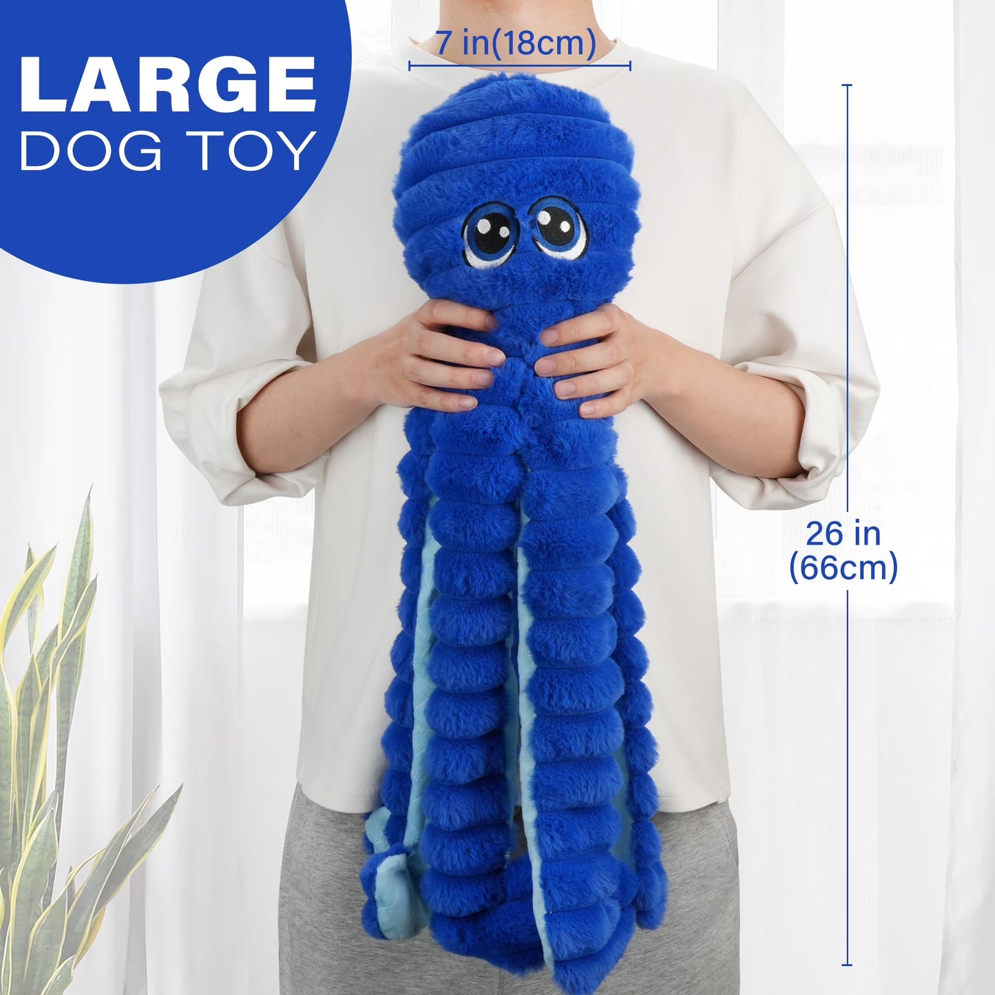 Dog Toys for Large Dogs, 27” Extra Large Crinkle Squeaky Dog Chew Toy, Blue Octopus