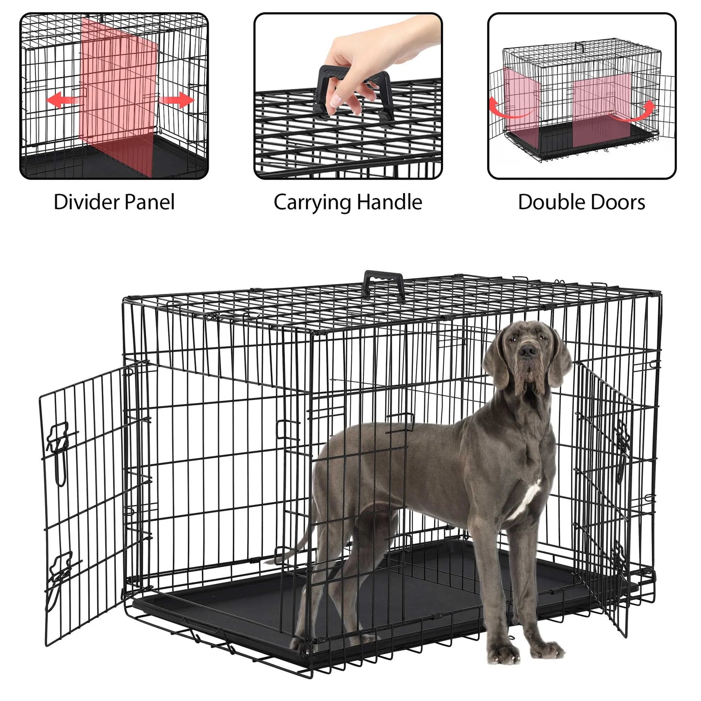 48-Inch Foldable Metal Dog Crate with Double Doors and Handle, Suitable for Large and Medium Dogs, Includes Plastic Tray, Black