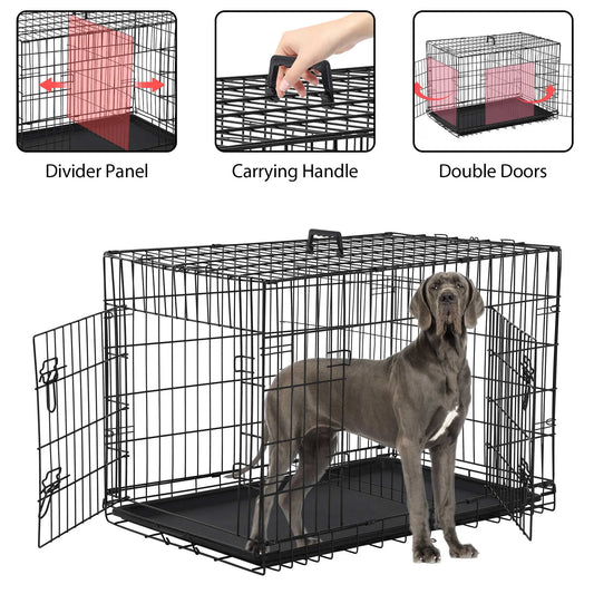 48-Inch Foldable Metal Dog Crate with Double Doors and Handle, Suitable for Large and Medium Dogs, Includes Plastic Tray, Black