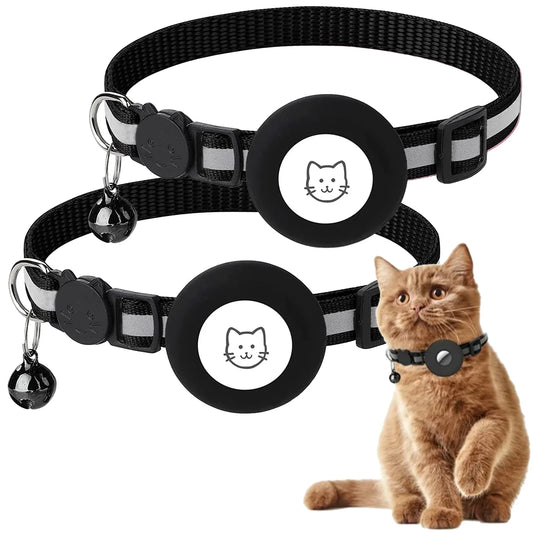 2-Pack Reflective Breakaway AirTag Cat Collar with Case and Bell for Cats, Kittens, and Extra Small Dogs - Black